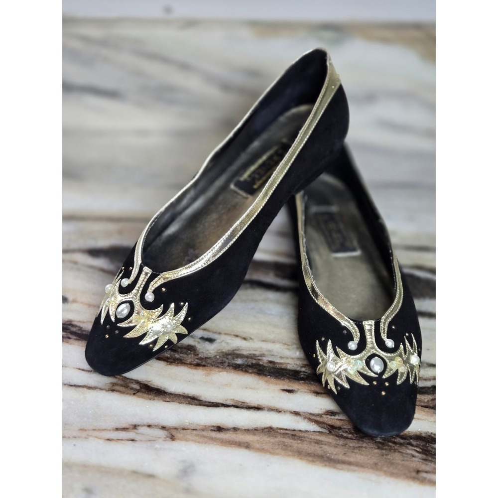 J Renee Black Suede Gold Embroidered Pearl Pointed Toe Flats‎  8.5 M fits like 9